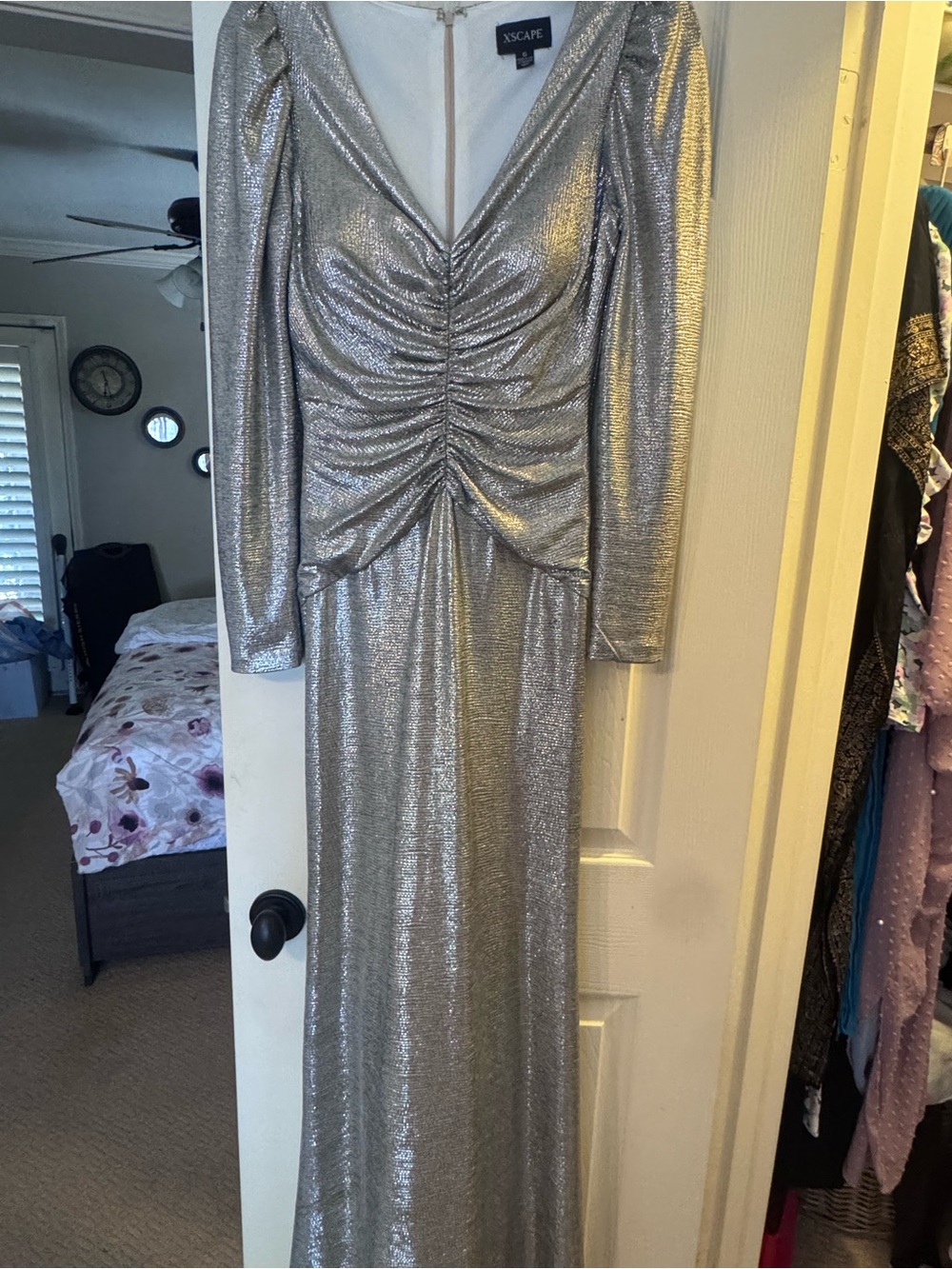 Xscape Metallic Silver Ruched Long Sleeve Gown